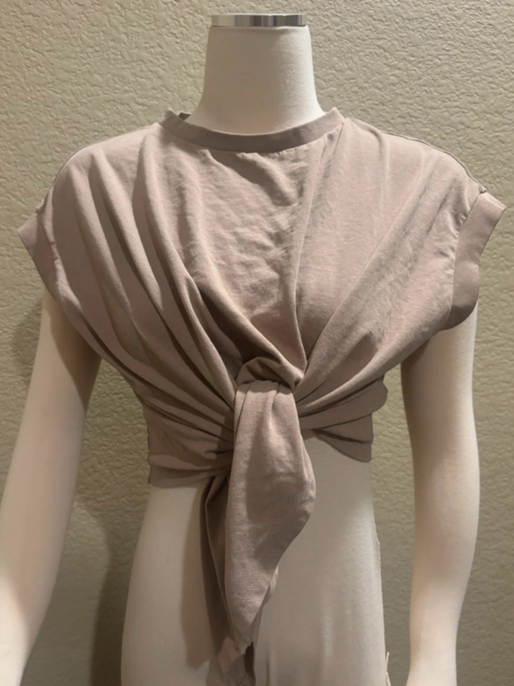 MICAS Women's Knotted Front Crop Top in Taupe